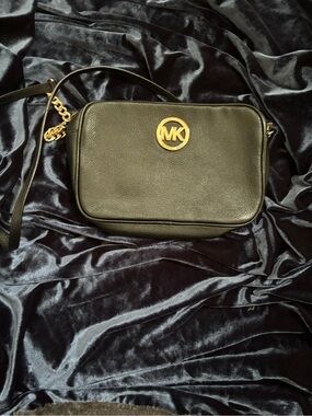 Michael Kors Black Pebbled Leather Crossbody with Gold MK Emblem